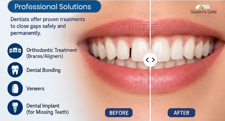 Educational graphic explaining orthodontic procedures as professional solutions for correcting teeth gaps.