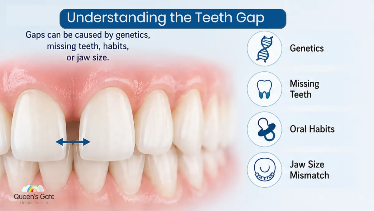 Informative dental graphics illustrating causes, effects, and treatment options for teeth gaps in a visually engaging layout.