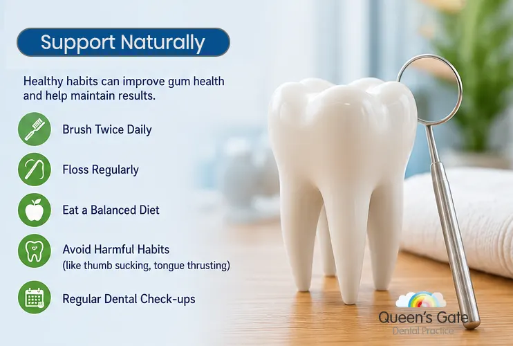 Infographic highlighting natural support factors and preventive care tips for maintaining healthy tooth alignment.